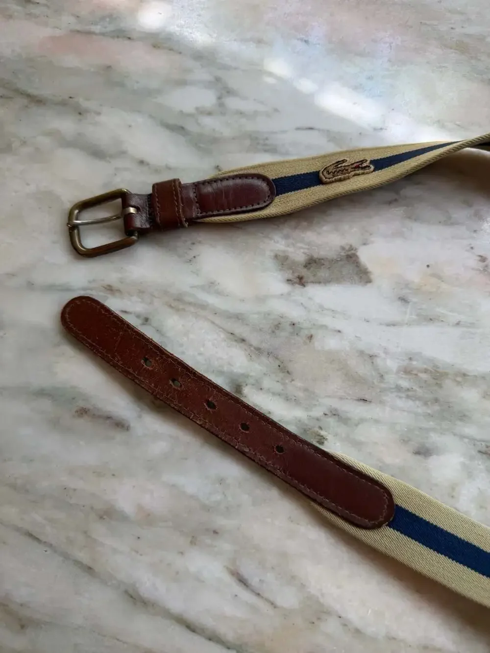 Vintage Lacoste Khaki and Navy Striped Canvas Belt with Leather Trim and Solid B